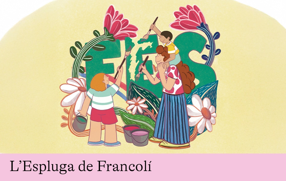 Il·lustració del [FES] familiar 2026. Un mare i dos nens pintant un mural amb les lletres del FES de fons